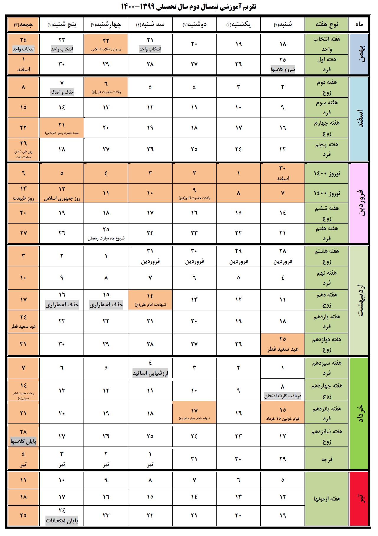 تقویم آموزشی نیمسال دوم سال تحصیلی 1399-1400